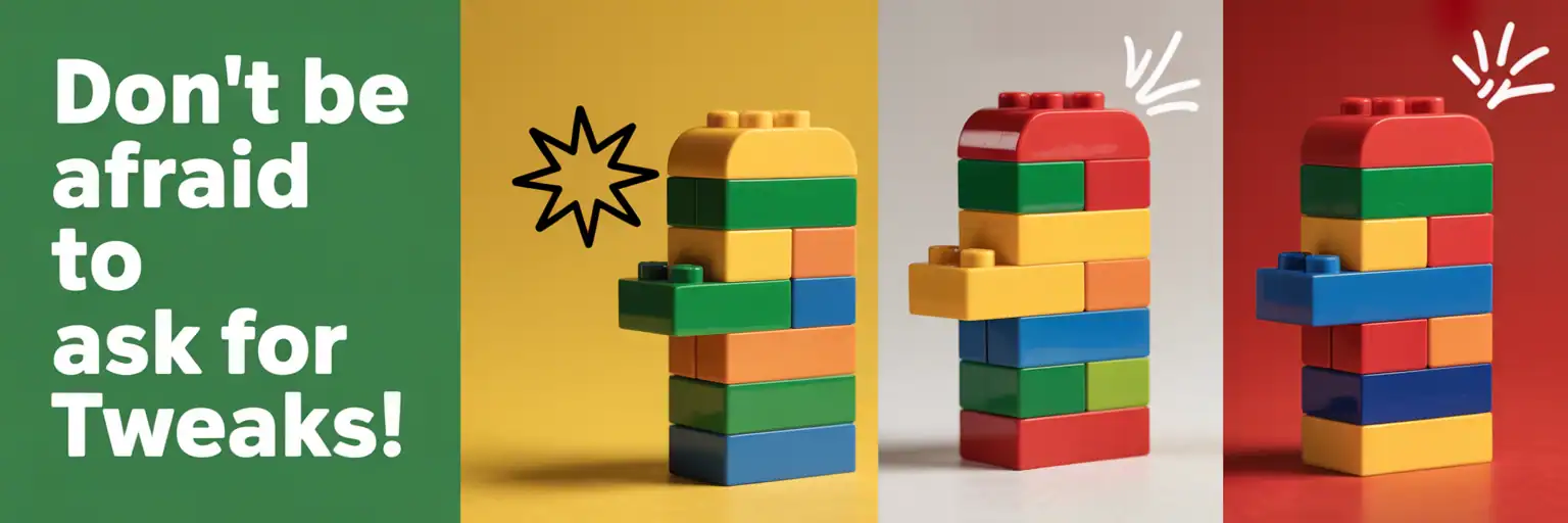 LEGO build tweaks banner showing AI improving brick build ideas