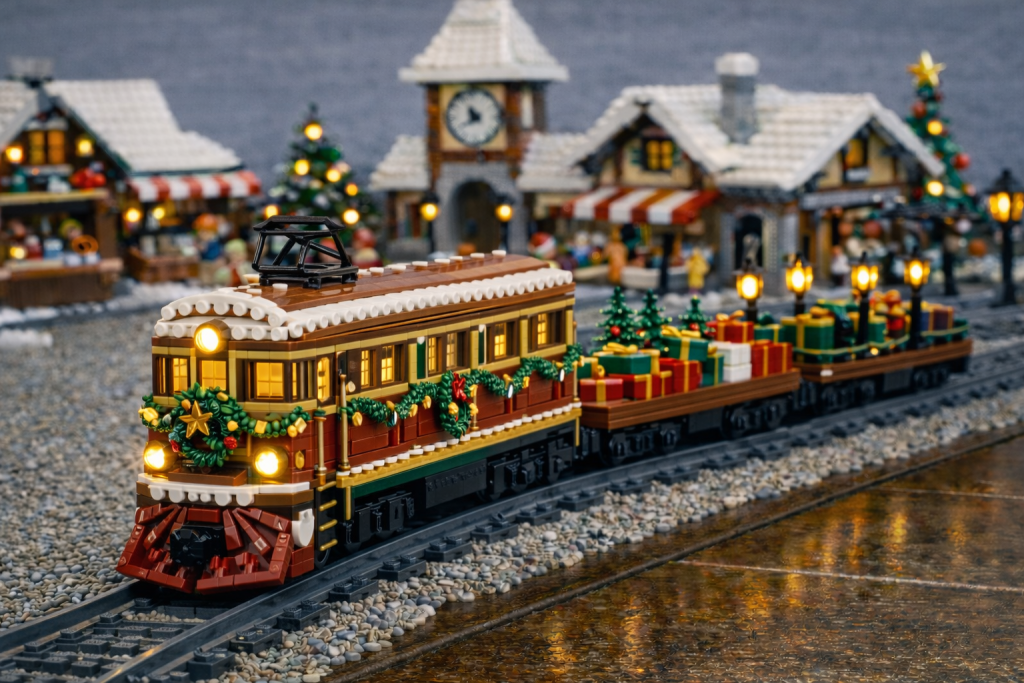 Holiday gingerbread streetcar in winter village