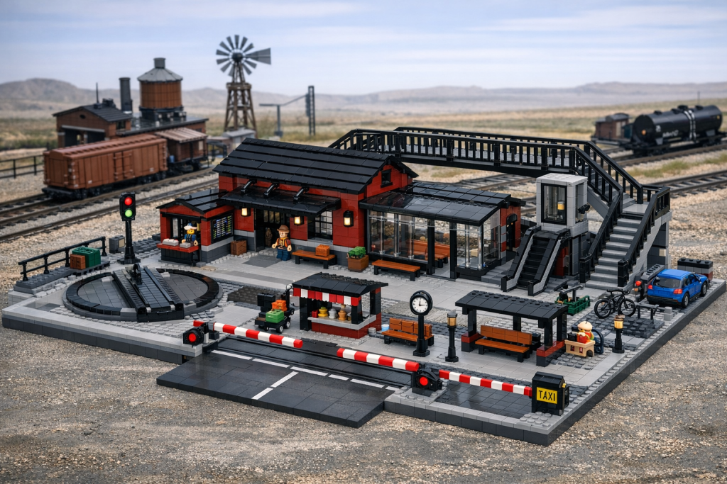 Western train station with industrial blend