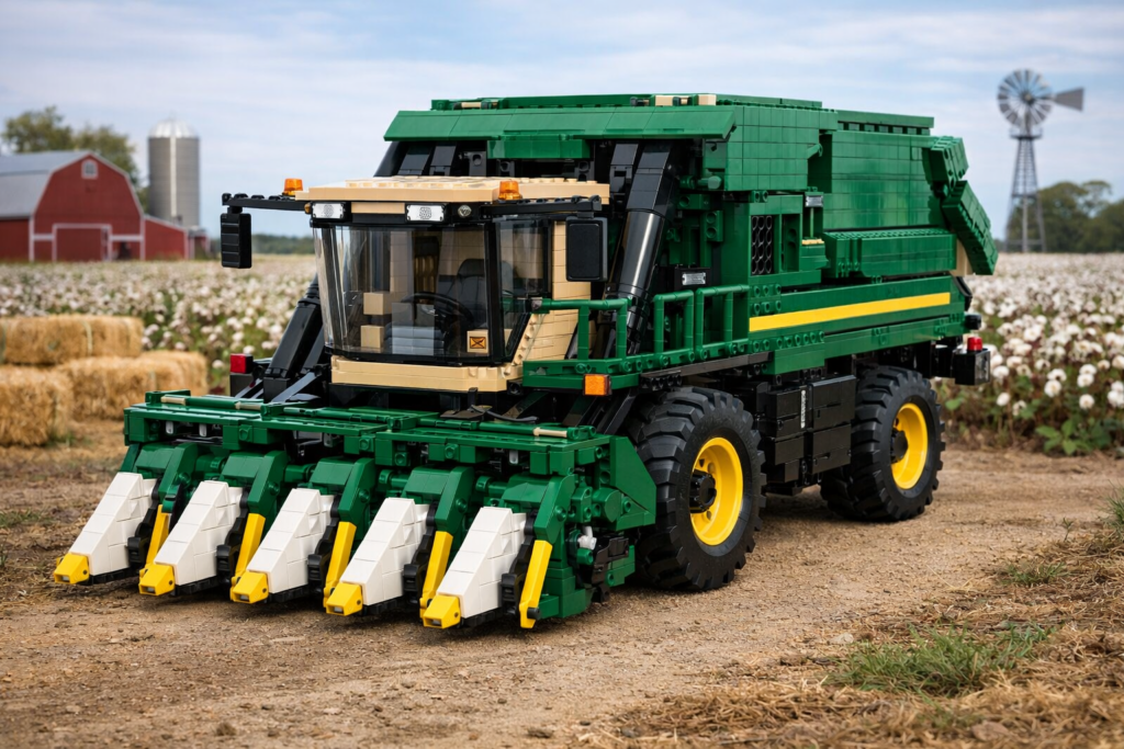 cotton picker on farm road