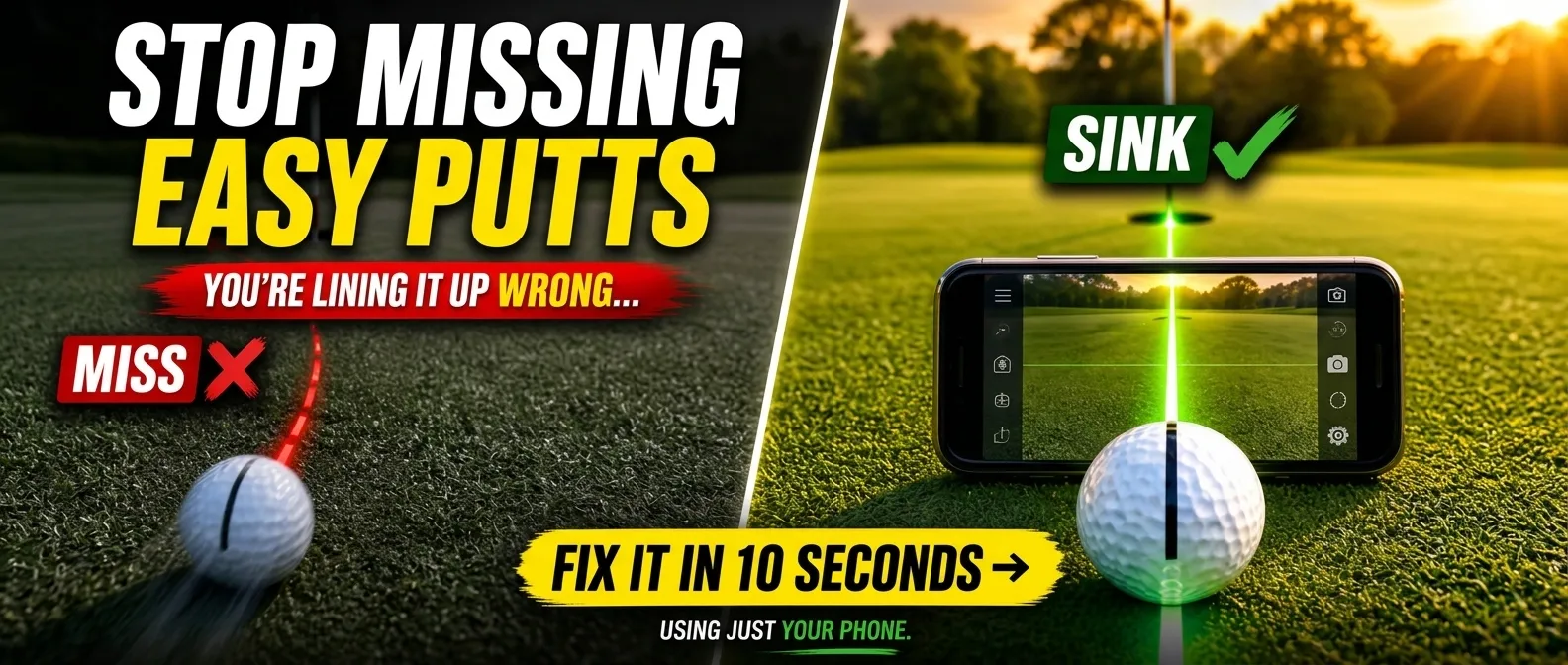 Smartphone putt lineup tool with vertical yellow guide
