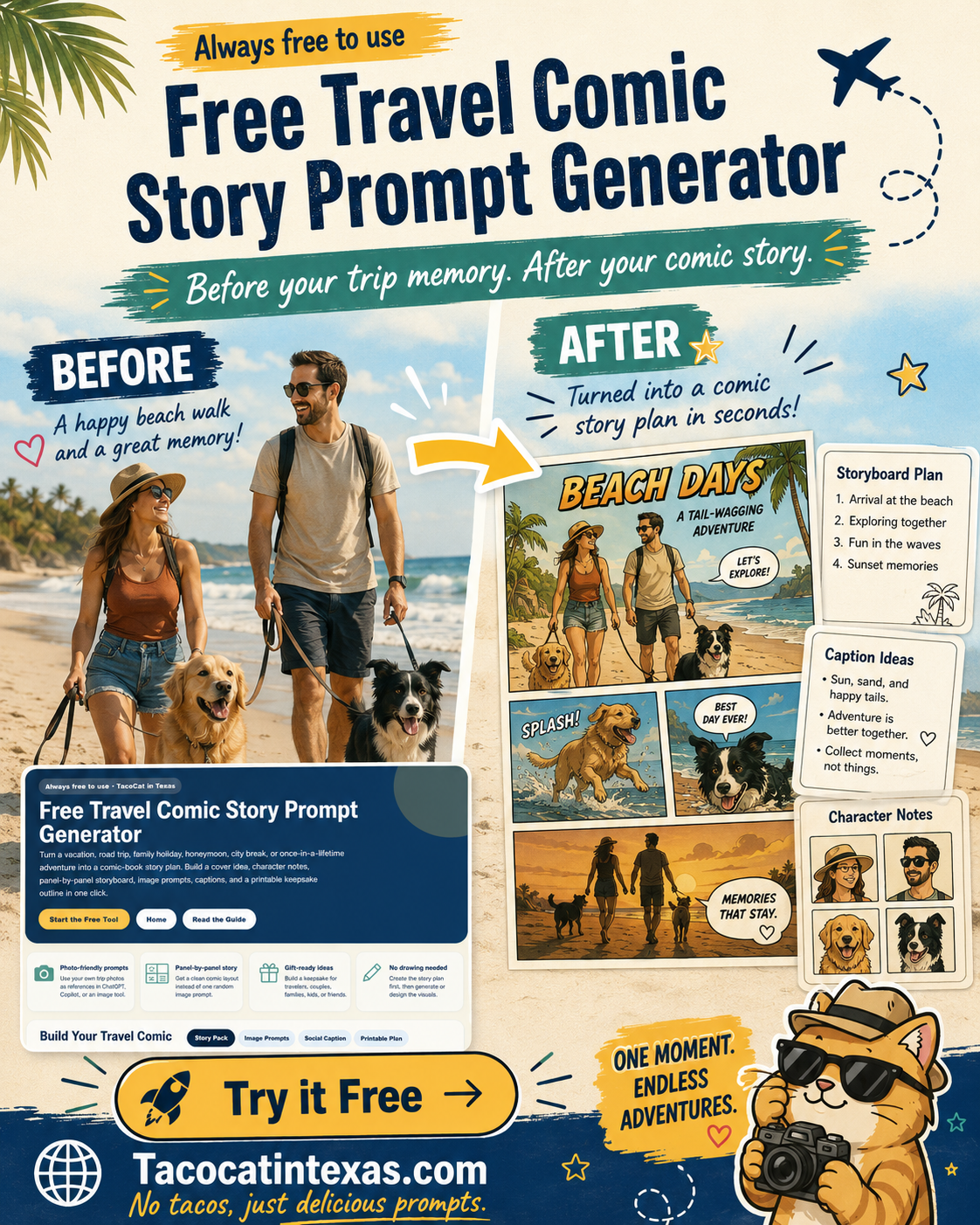 Travel Comic Prompt Generator thumbnail with comic travel artwork