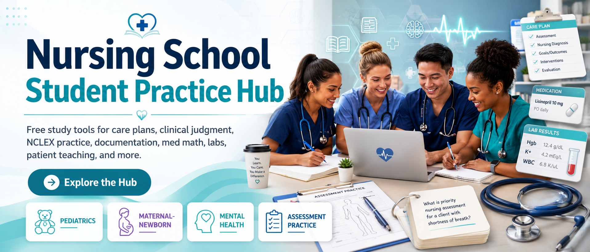 Nursing School Student Practice Hub banner with nursing students and study tools