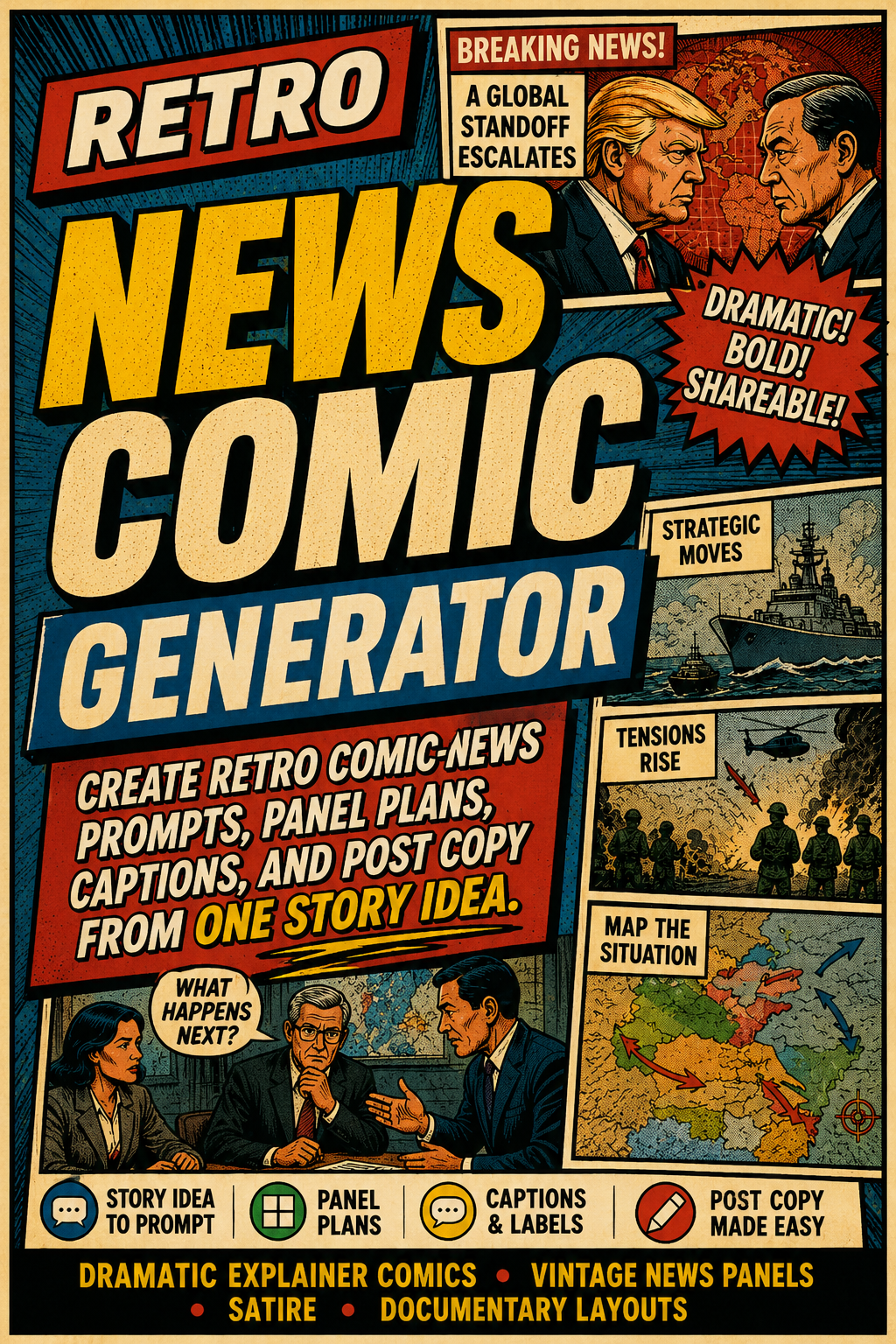 Retro News Comic Generator thumbnail with vintage comic news artwork