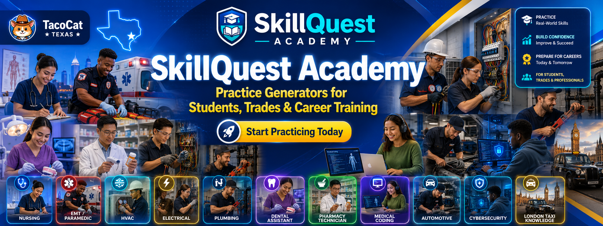 SkillQuest Academy student practice and career training hub banner