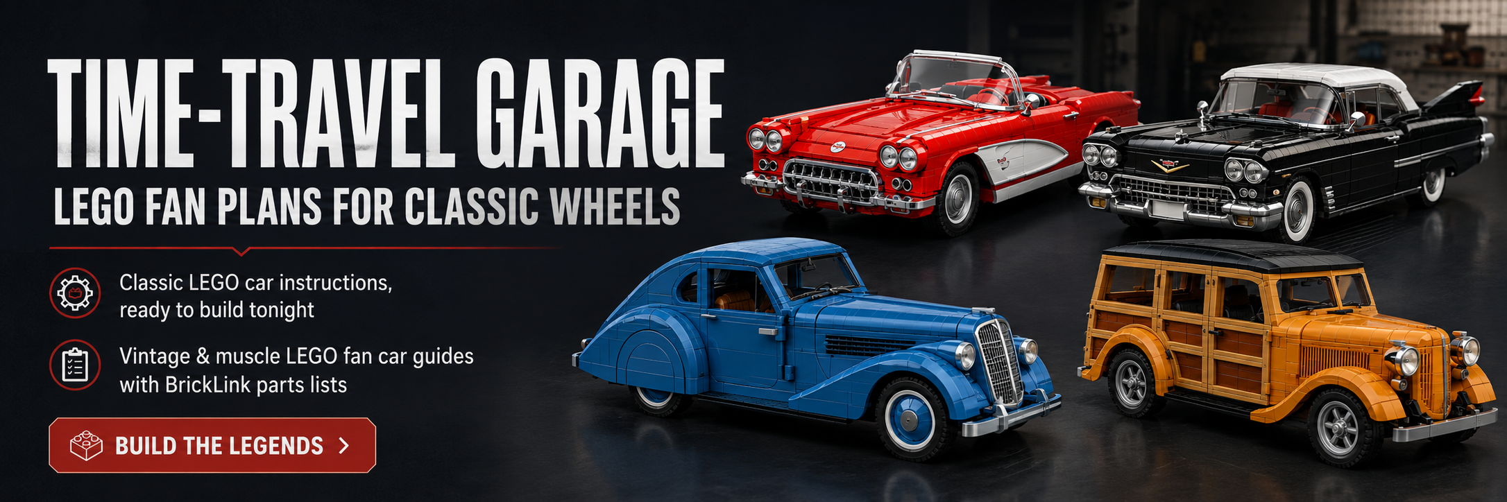 Time Travel Garage banner for LEGO build instructions and classic vehicle build guides