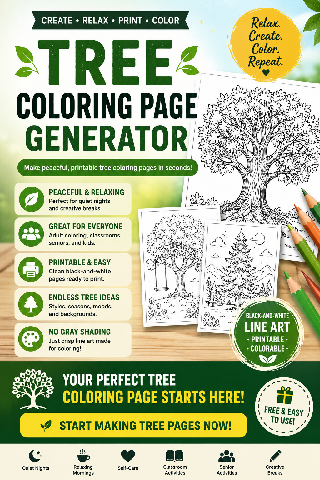Tree Coloring Page Generator for peaceful printable tree coloring page prompts