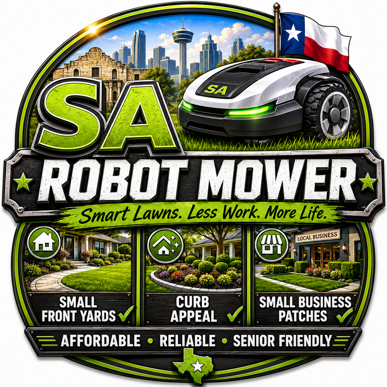 SA Robot Mower San Antonio Small Patch Mowing Logo
