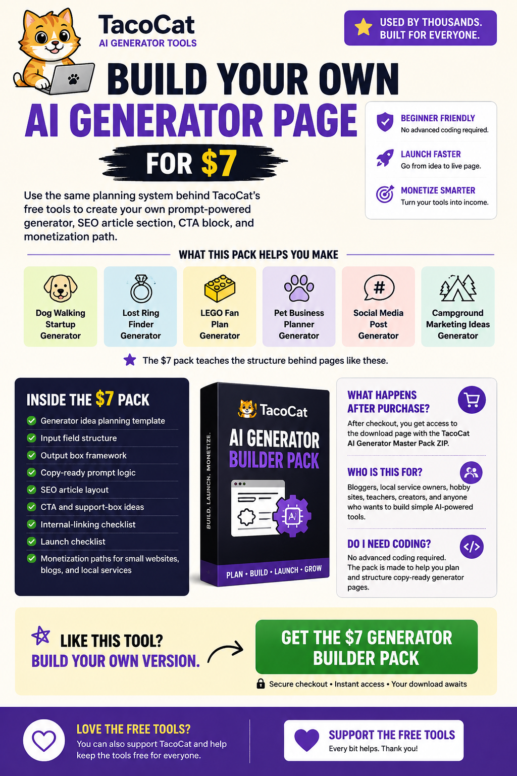 $7 TacoCat Generator Builder Pack banner showing build your own AI generator page offer